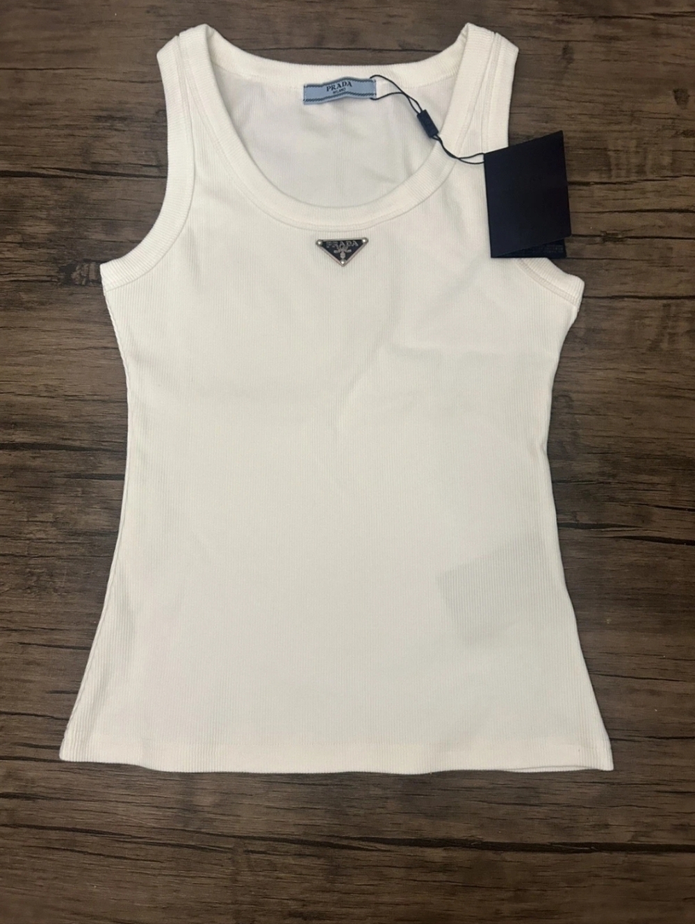 Prada White Ribbed Logo Tank L NWT
